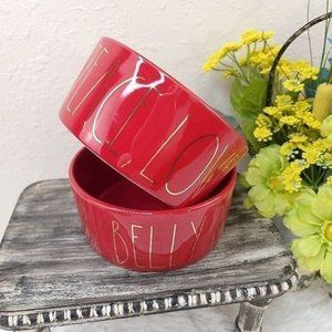 Rae Dunn Peace Love and Belly Rubs Dog Bowl Lot 6" Red Gold Pet Feeder Bowls